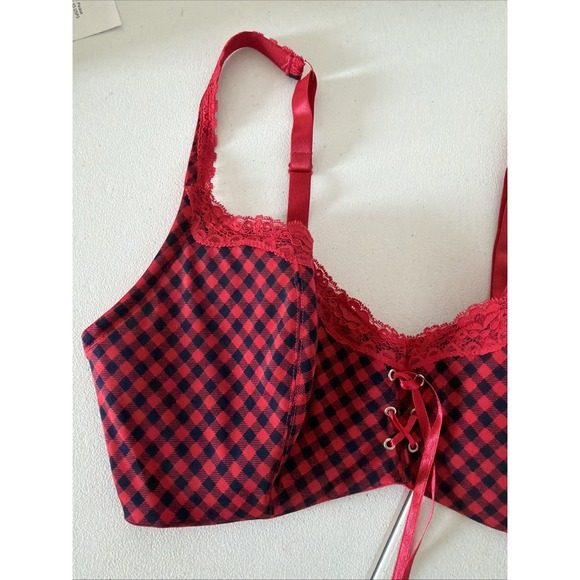 Fredricks of Hollywood Bra Red Gingham 40DD Lace up Black Front Bra Padded - Picture 2 of 10